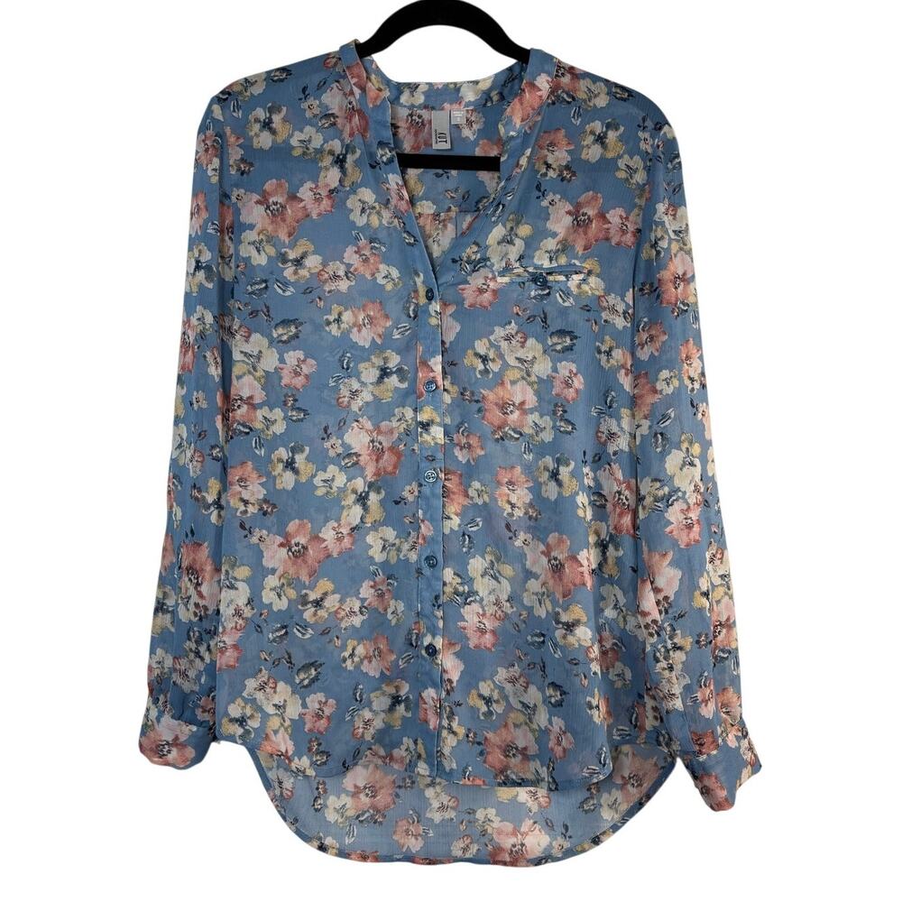 Kut From The Kloth Jasmine Chiffon Floral Blouse Blue Sheer Button Up Small